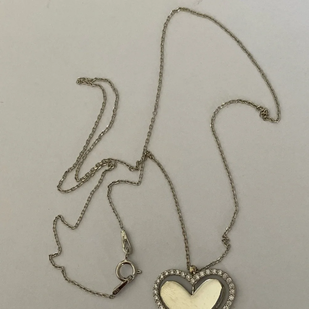 💗 Reversible spinning 925 silver heart necklace clear cubic zirconia cz stones
